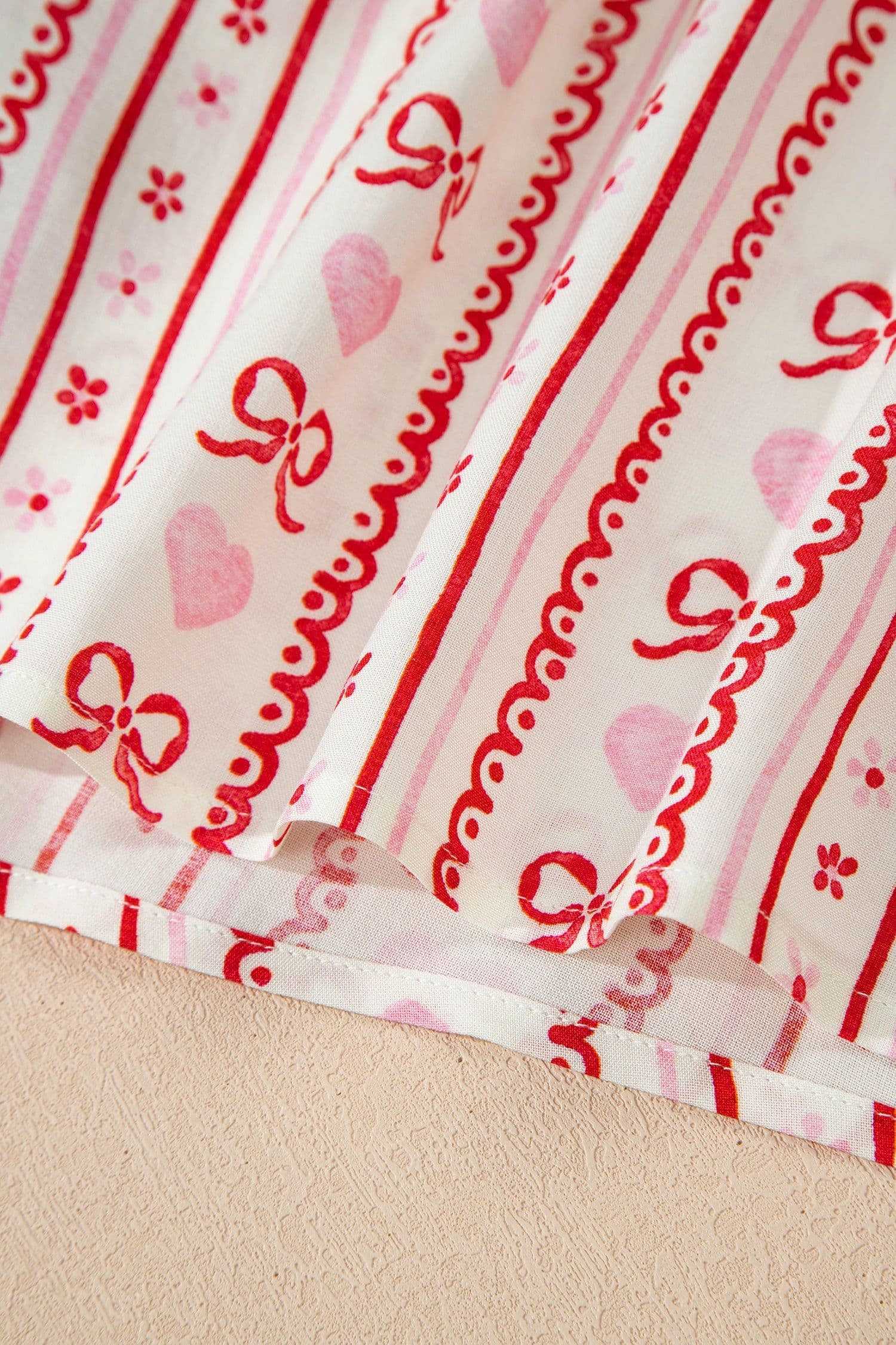 image-Red Sweet Floral Heart Bow Print Contrast Trim Long Sleeve Shirt Pajama Short Set