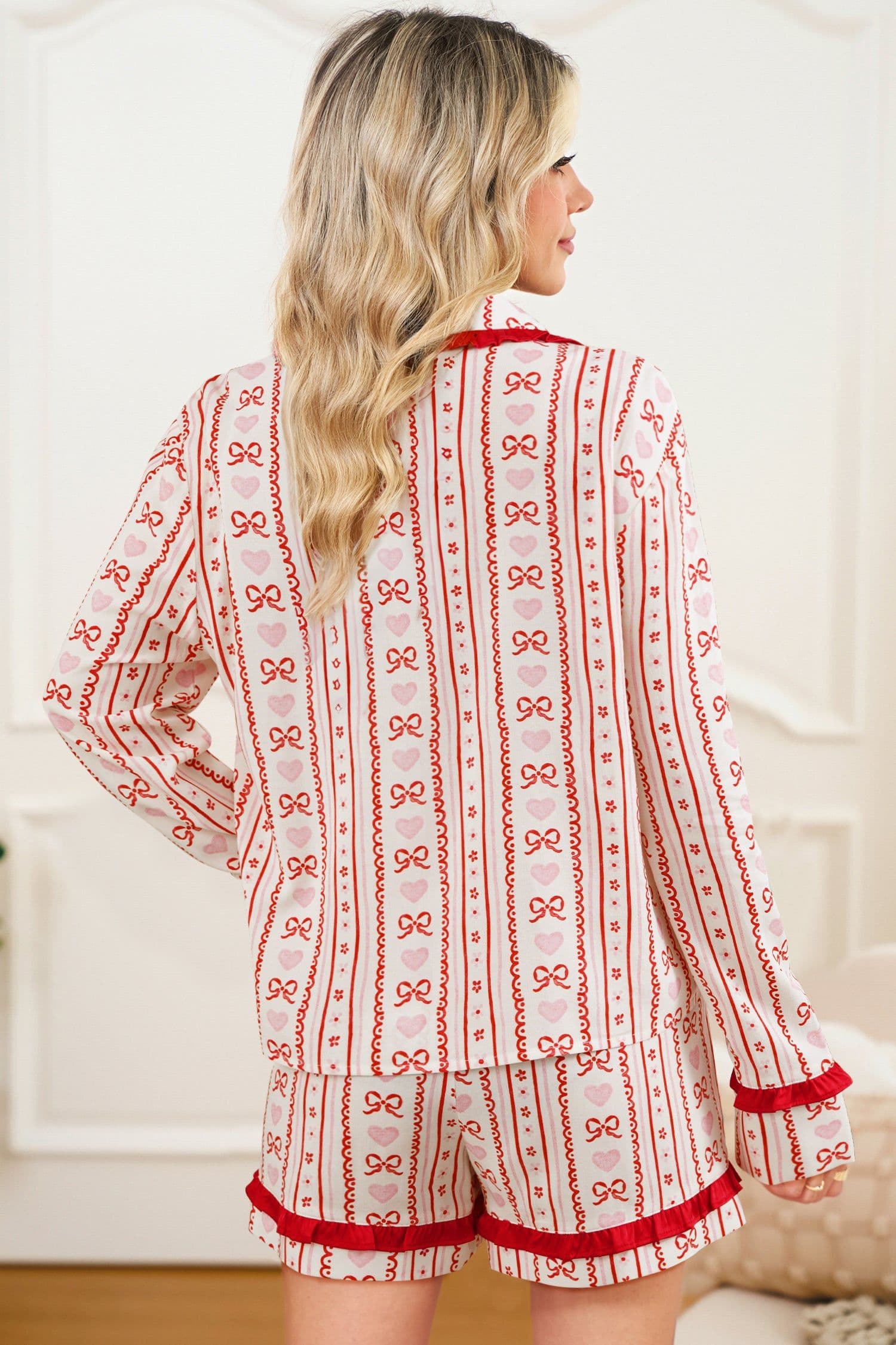 image-Red Sweet Floral Heart Bow Print Contrast Trim Long Sleeve Shirt Pajama Short Set