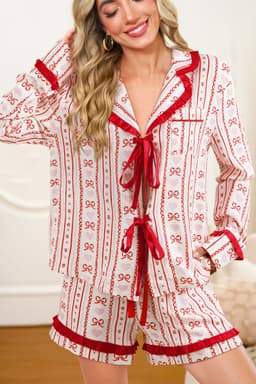 image-Red Sweet Floral Heart Bow Print Contrast Trim Long Sleeve Shirt Pajama Short Set