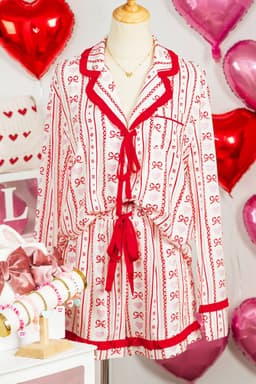 image-Red Sweet Floral Heart Bow Print Contrast Trim Long Sleeve Shirt Pajama Short Set