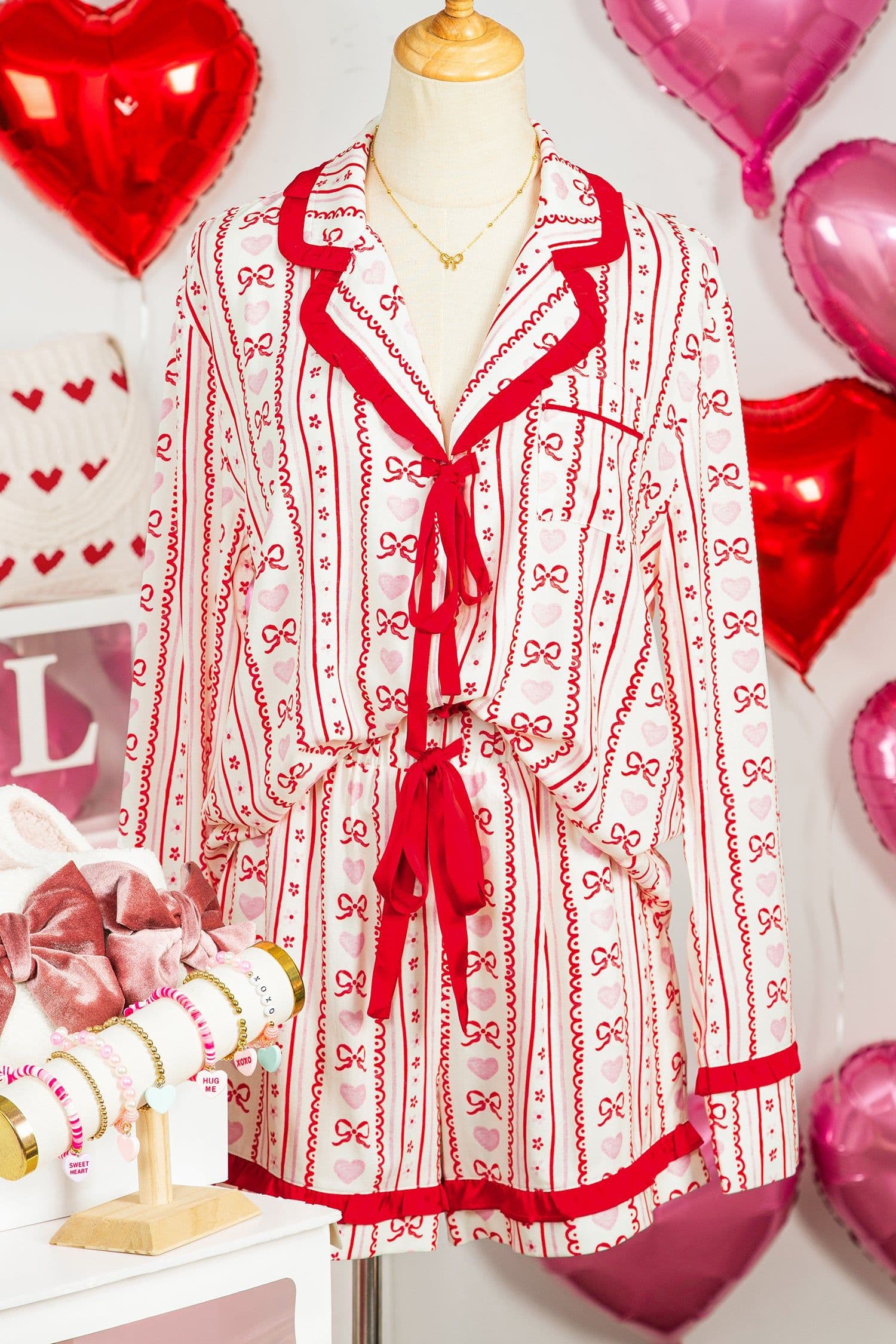 image-Red Sweet Floral Heart Bow Print Contrast Trim Long Sleeve Shirt Pajama Short Set