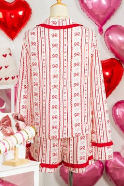 image-Red Sweet Floral Heart Bow Print Contrast Trim Long Sleeve Shirt Pajama Short Set