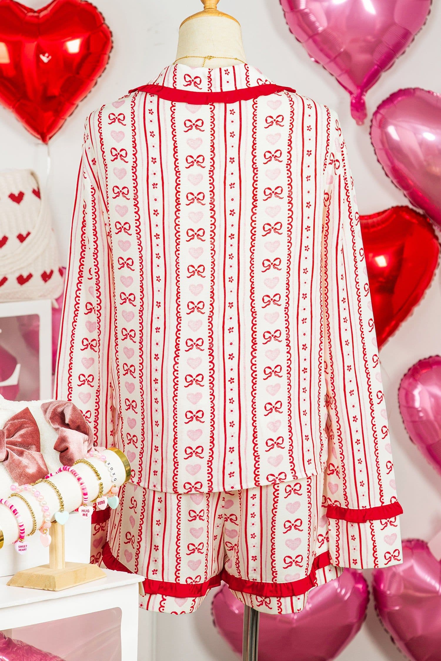 image-Red Sweet Floral Heart Bow Print Contrast Trim Long Sleeve Shirt Pajama Short Set