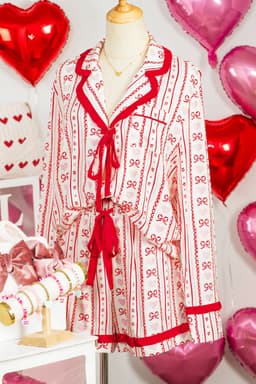 image-Red Sweet Floral Heart Bow Print Contrast Trim Long Sleeve Shirt Pajama Short Set