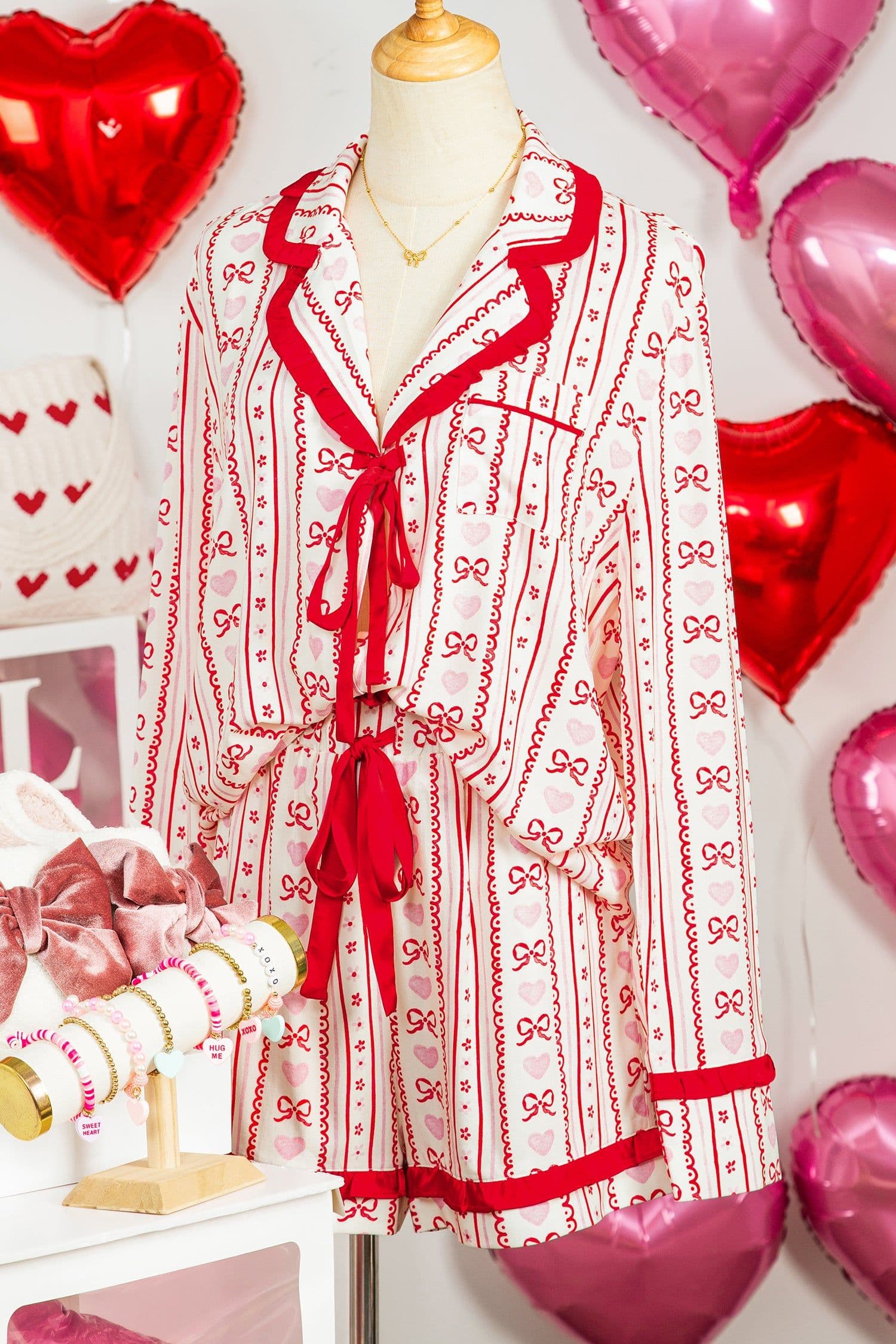 image-Red Sweet Floral Heart Bow Print Contrast Trim Long Sleeve Shirt Pajama Short Set