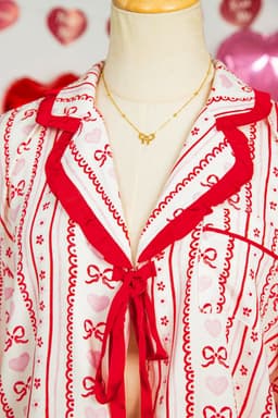 image-Red Sweet Floral Heart Bow Print Contrast Trim Long Sleeve Shirt Pajama Short Set