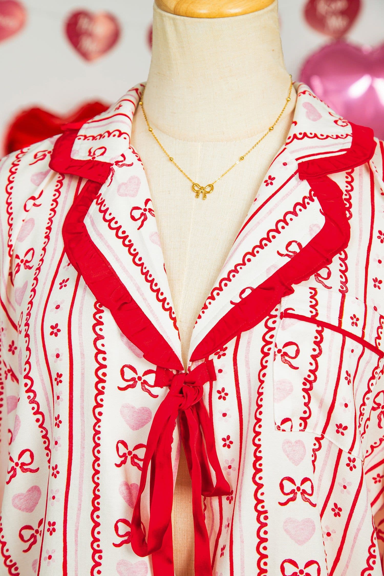 image-Red Sweet Floral Heart Bow Print Contrast Trim Long Sleeve Shirt Pajama Short Set