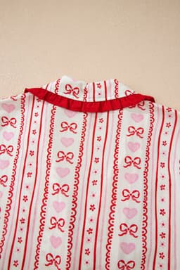 image-Red Sweet Floral Heart Bow Print Contrast Trim Long Sleeve Shirt Pajama Short Set