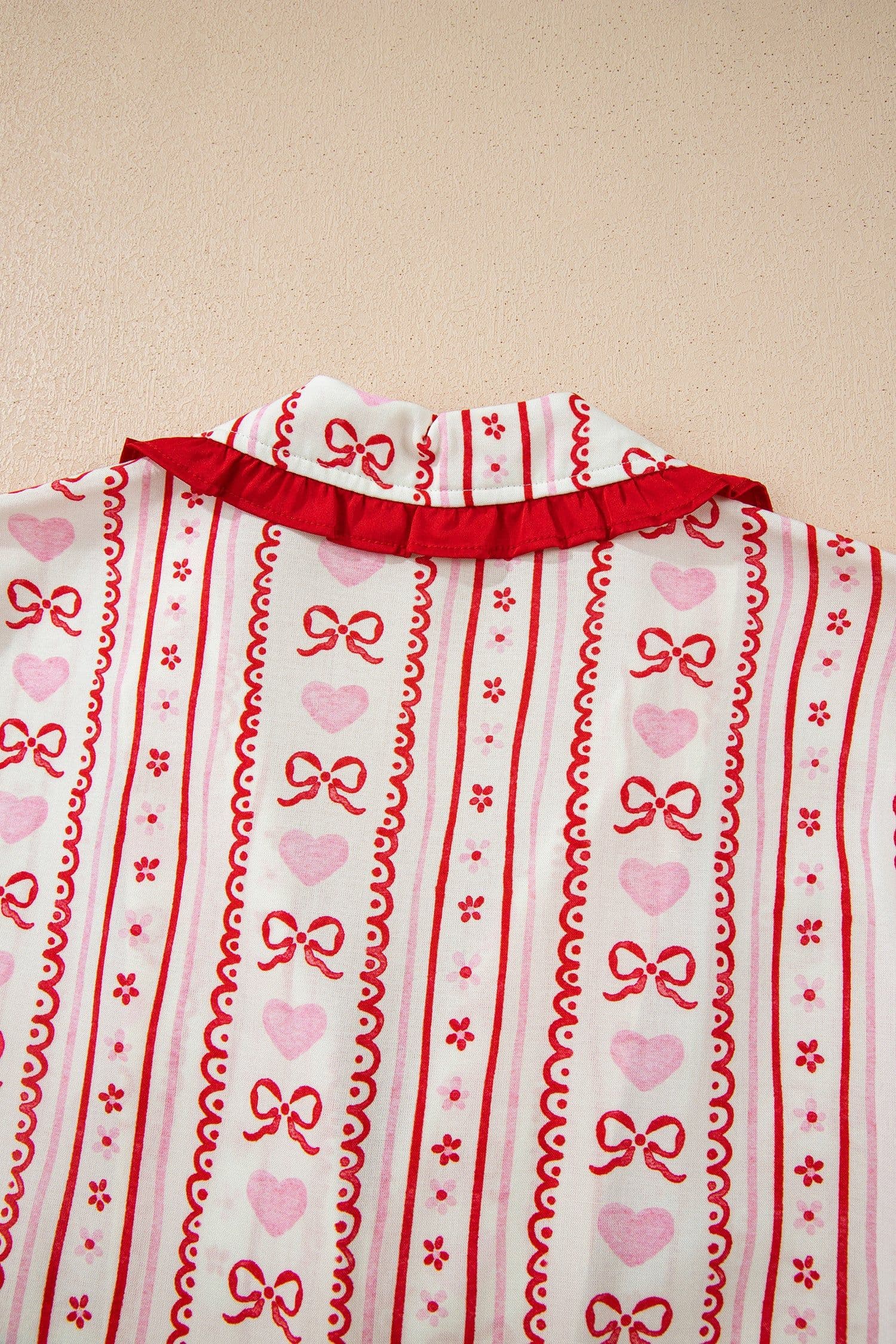 image-Red Sweet Floral Heart Bow Print Contrast Trim Long Sleeve Shirt Pajama Short Set