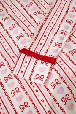 image-Red Sweet Floral Heart Bow Print Contrast Trim Long Sleeve Shirt Pajama Short Set