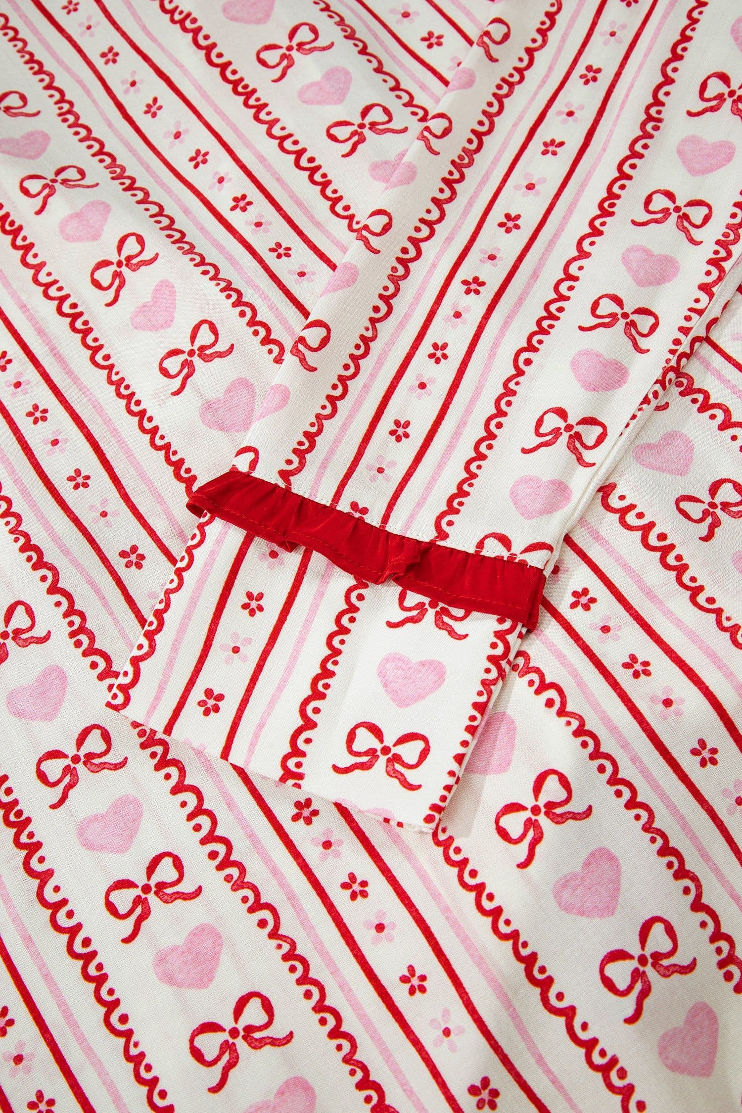 image-Red Sweet Floral Heart Bow Print Contrast Trim Long Sleeve Shirt Pajama Short Set