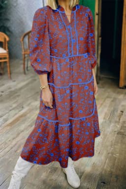 image-Brown 3/4 Puff Sleeve Tiered Loose Floral Dress