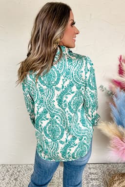 image-Green Paisley Print Smocked Cuff Buttoned Loose Shirt