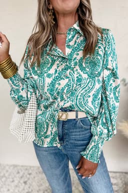 image-Green Paisley Print Smocked Cuff Buttoned Loose Shirt
