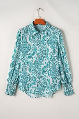 image-Green Paisley Print Smocked Cuff Buttoned Loose Shirt