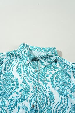 image-Green Paisley Print Smocked Cuff Buttoned Loose Shirt