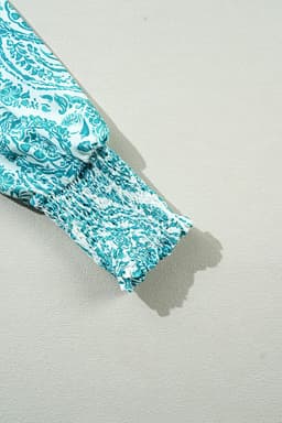 image-Green Paisley Print Smocked Cuff Buttoned Loose Shirt
