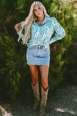 image-Green Paisley Print Smocked Cuff Buttoned Loose Shirt