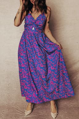 image-Blue Floral Print Twisted V Neck Tied Backless Maxi Dress