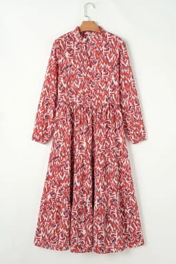 image-Orange Abstract Print V Neck Pleated High Waist Midi Dress