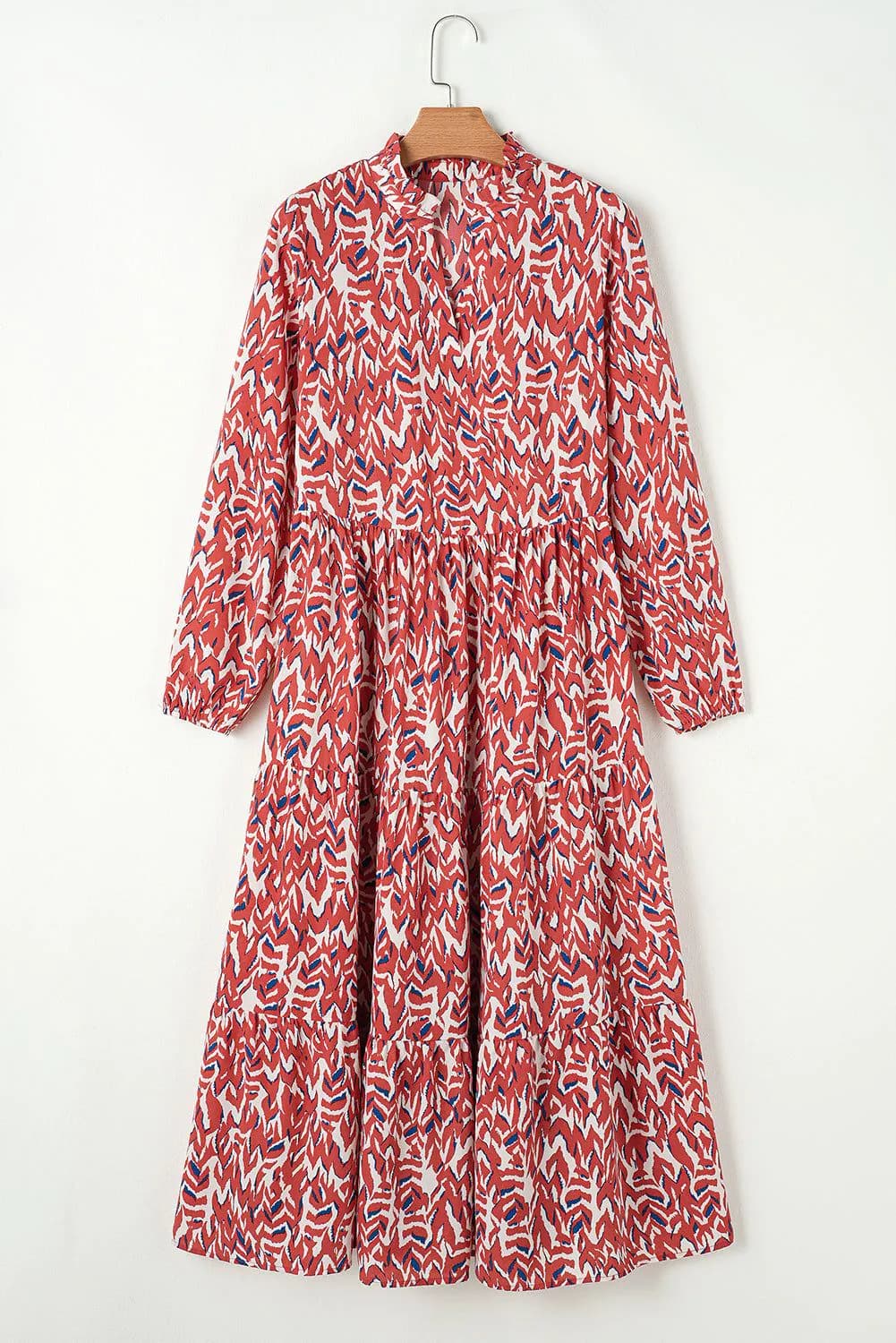 image-Orange Abstract Print V Neck Pleated High Waist Midi Dress