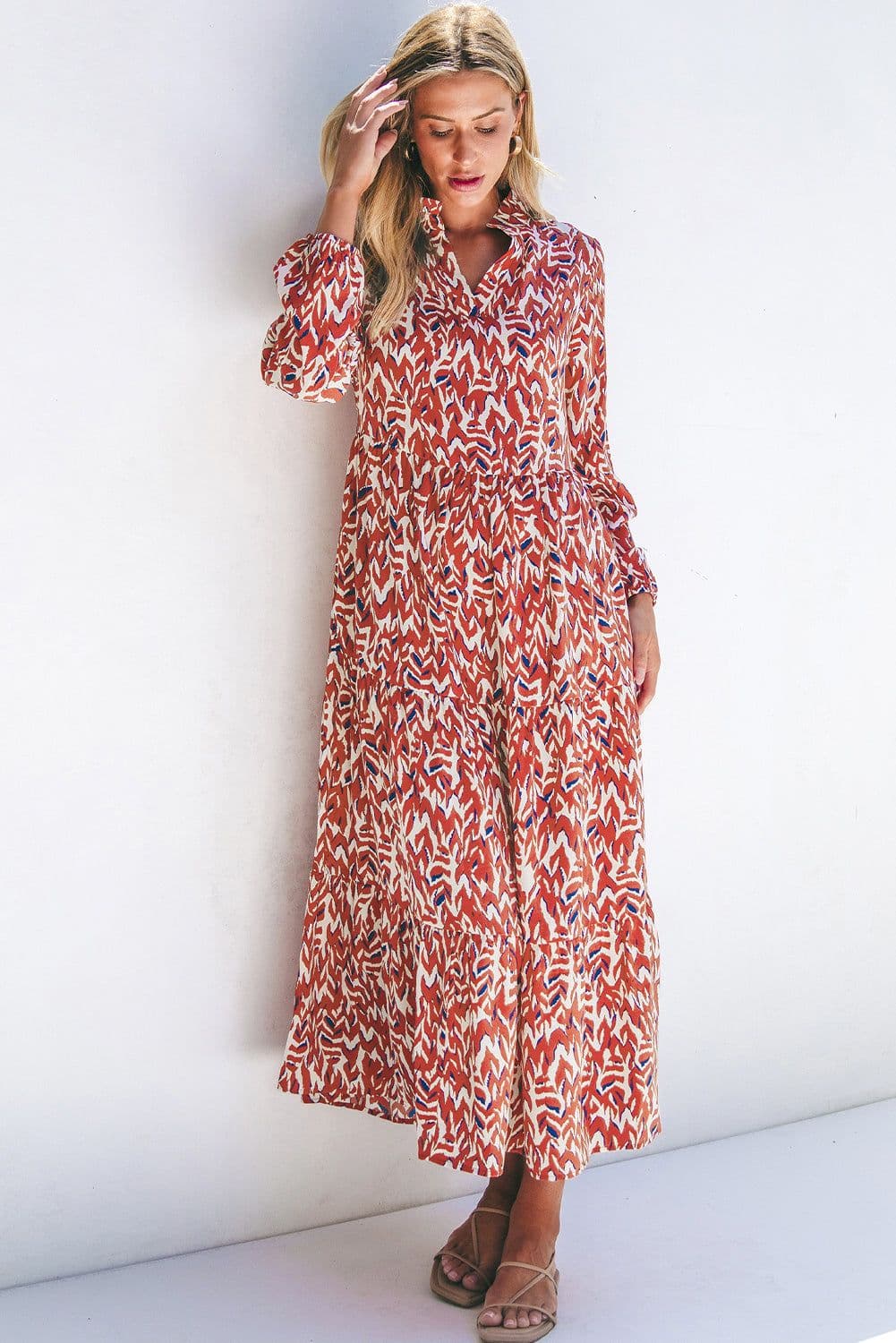 image-Orange Abstract Print V Neck Pleated High Waist Midi Dress