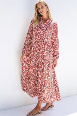 image-Orange Abstract Print V Neck Pleated High Waist Midi Dress