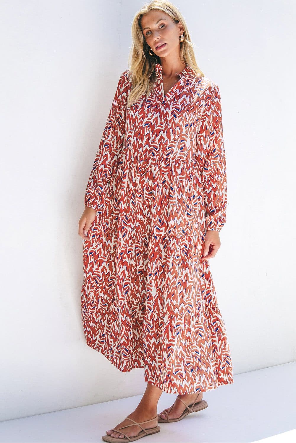 image-Orange Abstract Print V Neck Pleated High Waist Midi Dress