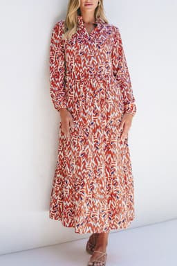 image-Orange Abstract Print V Neck Pleated High Waist Midi Dress