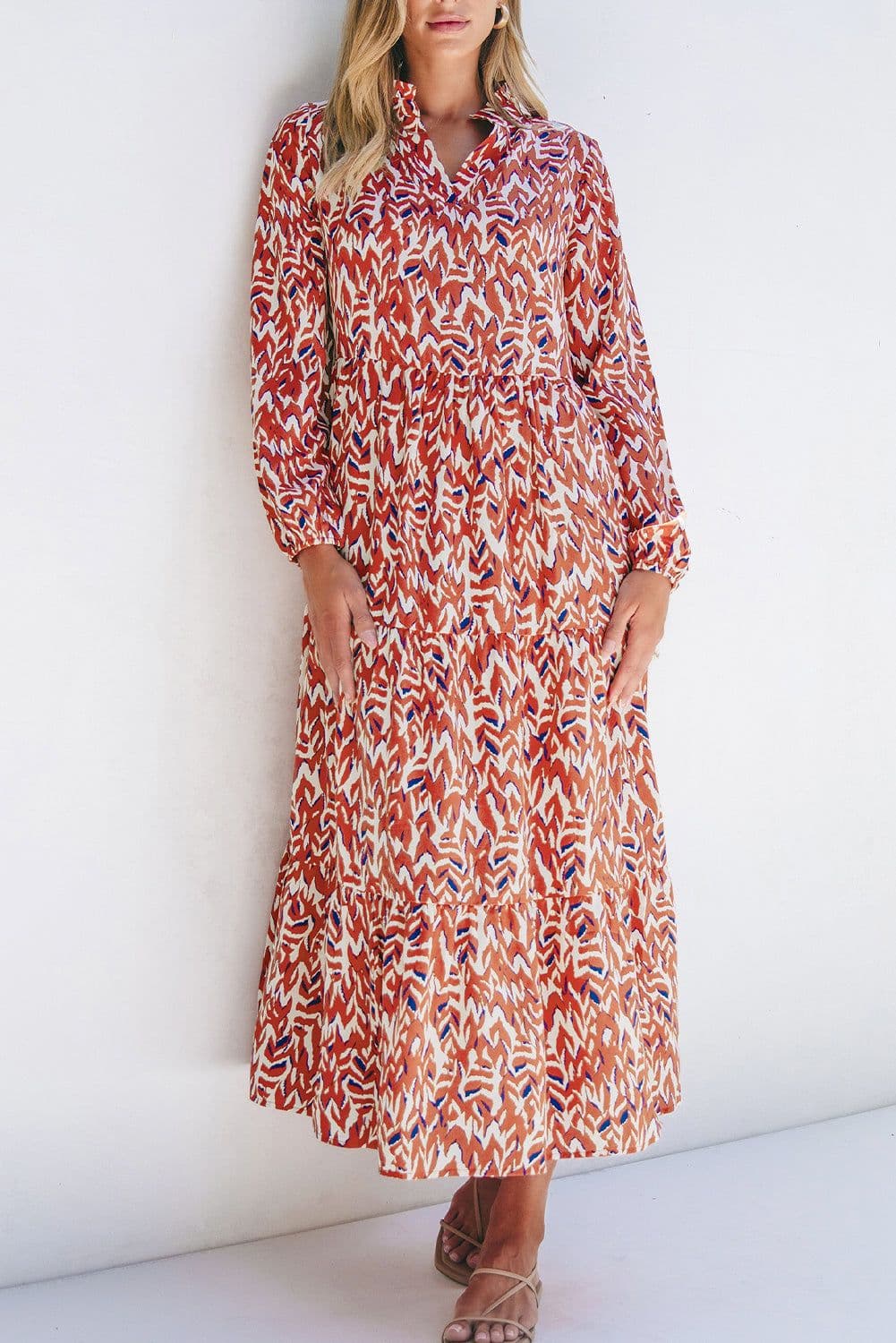 image-Orange Abstract Print V Neck Pleated High Waist Midi Dress