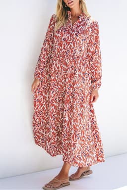 image-Orange Abstract Print V Neck Pleated High Waist Midi Dress