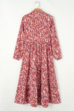 image-Orange Abstract Print V Neck Pleated High Waist Midi Dress