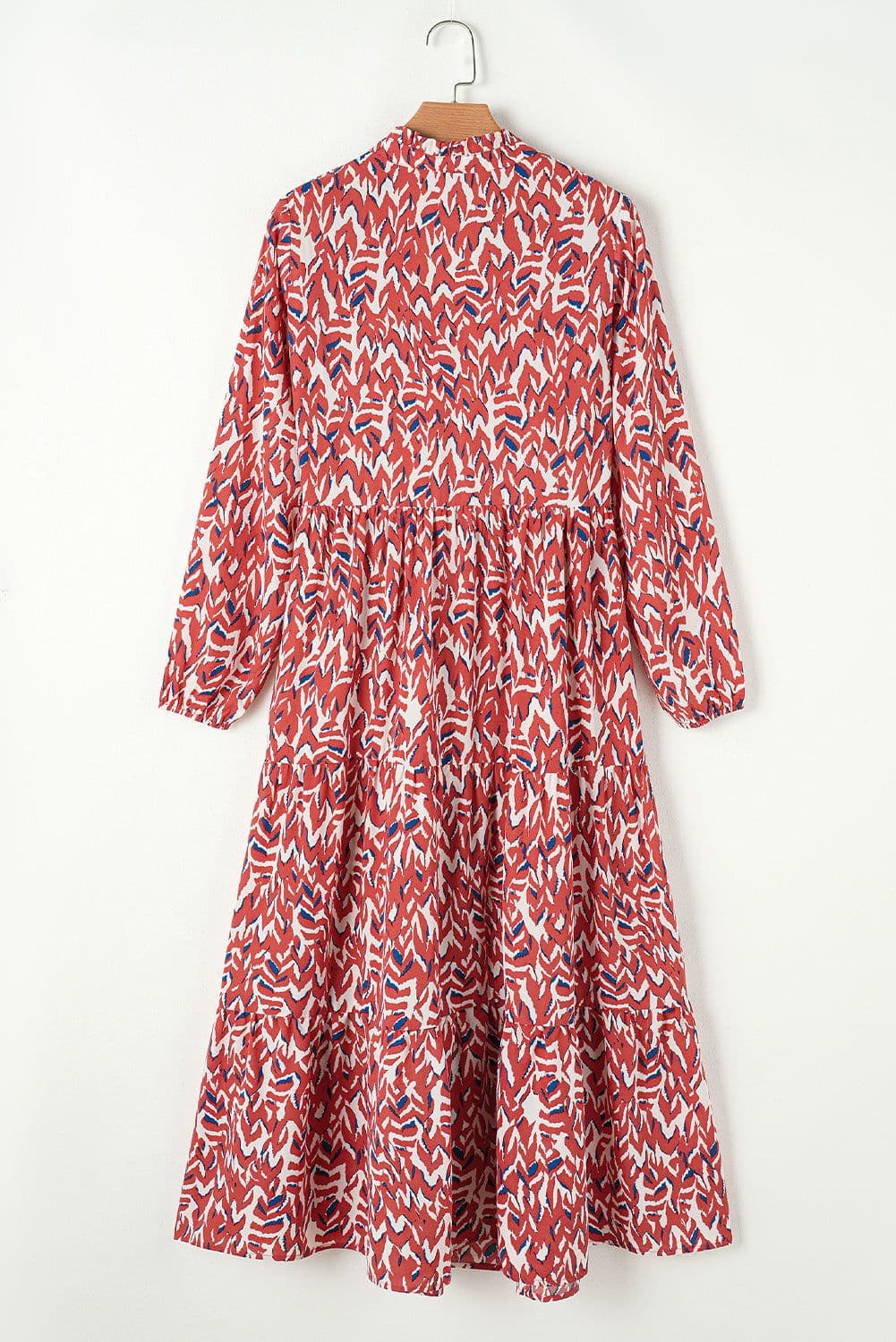 image-Orange Abstract Print V Neck Pleated High Waist Midi Dress