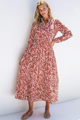 image-Orange Abstract Print V Neck Pleated High Waist Midi Dress