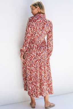 image-Orange Abstract Print V Neck Pleated High Waist Midi Dress