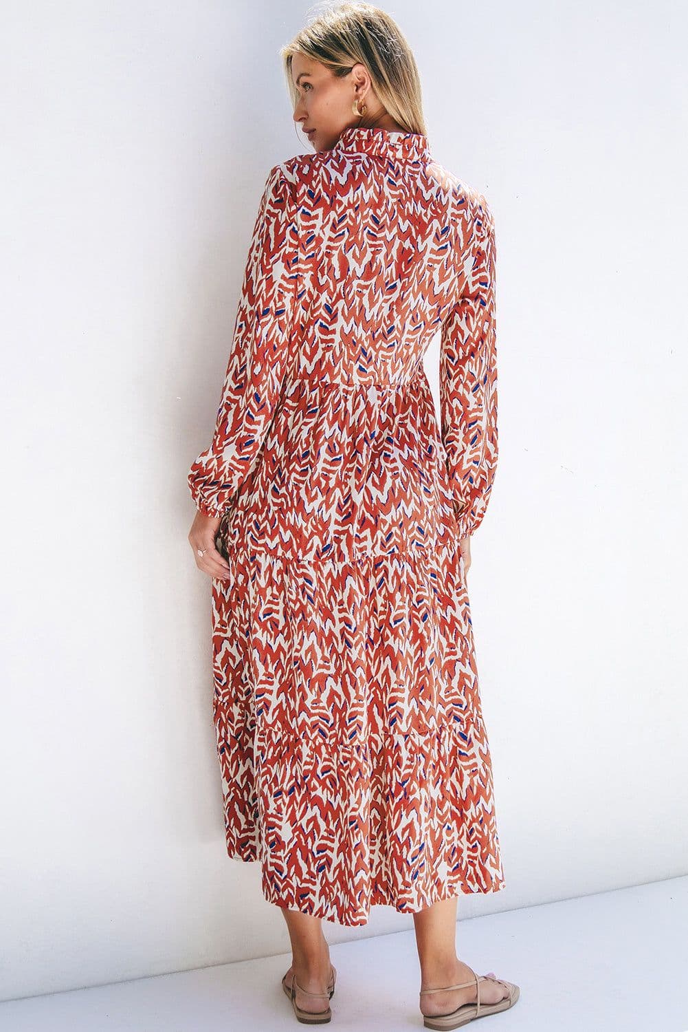 image-Orange Abstract Print V Neck Pleated High Waist Midi Dress