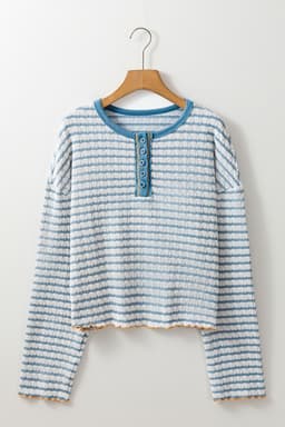 image-Sky Blue Stripe Textured Frilly Trim Buttons Henley Long Sleeve Top