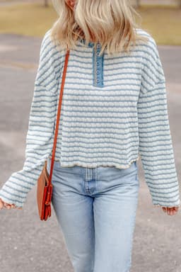 image-Sky Blue Stripe Textured Frilly Trim Buttons Henley Long Sleeve Top