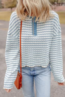 image-Sky Blue Stripe Textured Frilly Trim Buttons Henley Long Sleeve Top