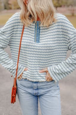 image-Sky Blue Stripe Textured Frilly Trim Buttons Henley Long Sleeve Top