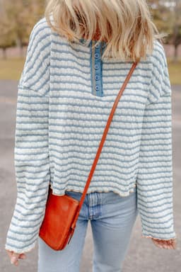 image-Sky Blue Stripe Textured Frilly Trim Buttons Henley Long Sleeve Top