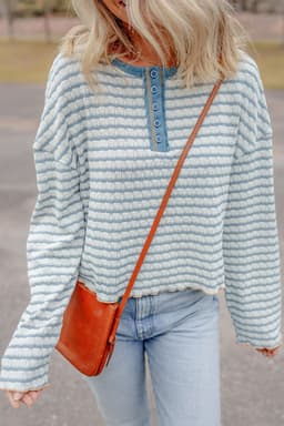 image-Sky Blue Stripe Textured Frilly Trim Buttons Henley Long Sleeve Top