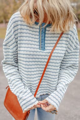 image-Sky Blue Stripe Textured Frilly Trim Buttons Henley Long Sleeve Top