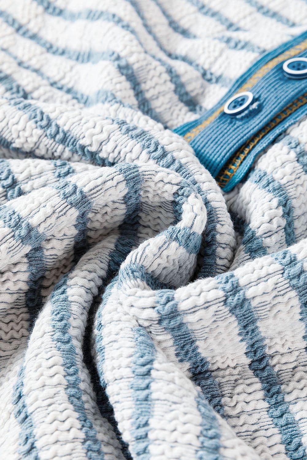 image-Sky Blue Stripe Textured Frilly Trim Buttons Henley Long Sleeve Top