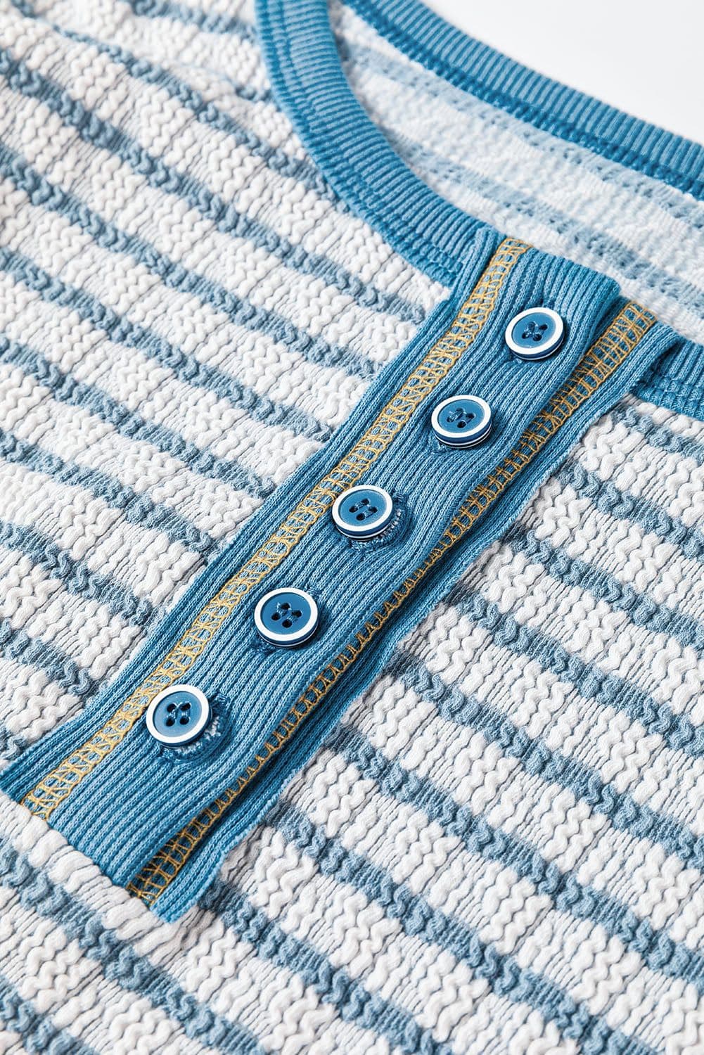 image-Sky Blue Stripe Textured Frilly Trim Buttons Henley Long Sleeve Top