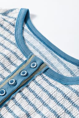 image-Sky Blue Stripe Textured Frilly Trim Buttons Henley Long Sleeve Top