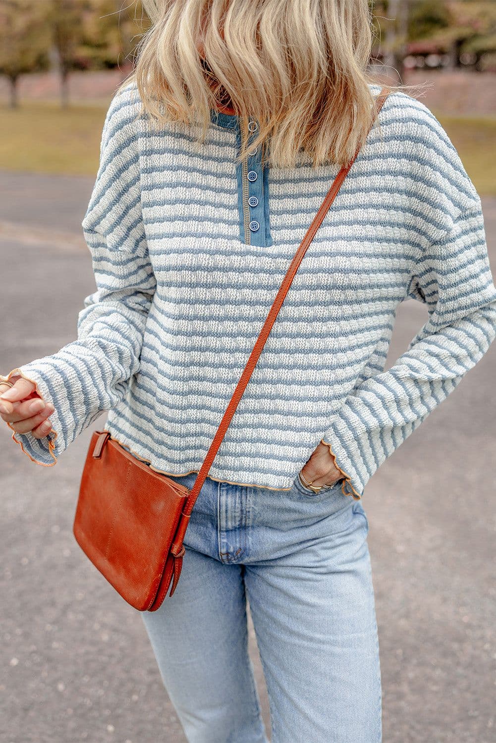 image-Sky Blue Stripe Textured Frilly Trim Buttons Henley Long Sleeve Top