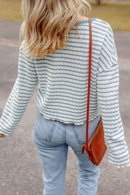 image-Sky Blue Stripe Textured Frilly Trim Buttons Henley Long Sleeve Top