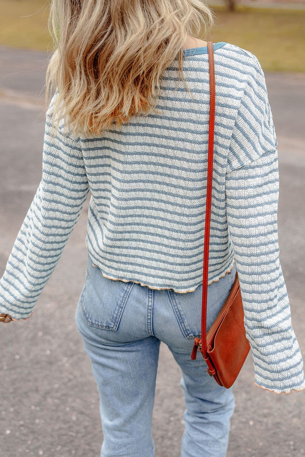 image-Sky Blue Stripe Textured Frilly Trim Buttons Henley Long Sleeve Top