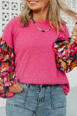 image-Bright Pink Floral Patchwork Flounce Sleeve Rib Knit Plus Top